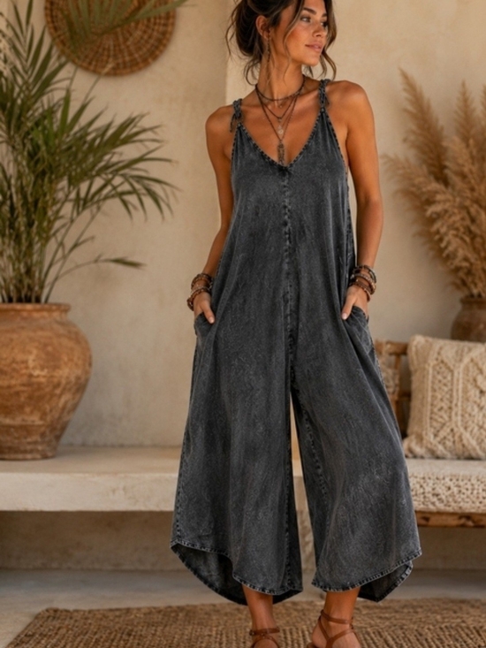 Zenana Outfitters Pants - Zenana Charcoal Chambray V-Neck Wide-Leg Jumpsuit Romper Overalls L Oversized